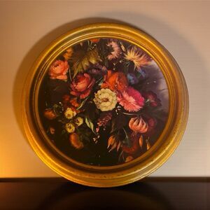 Vintage Florentine  Mini Floral Round Gold Framed Wall Hanging Made In Italy 7”